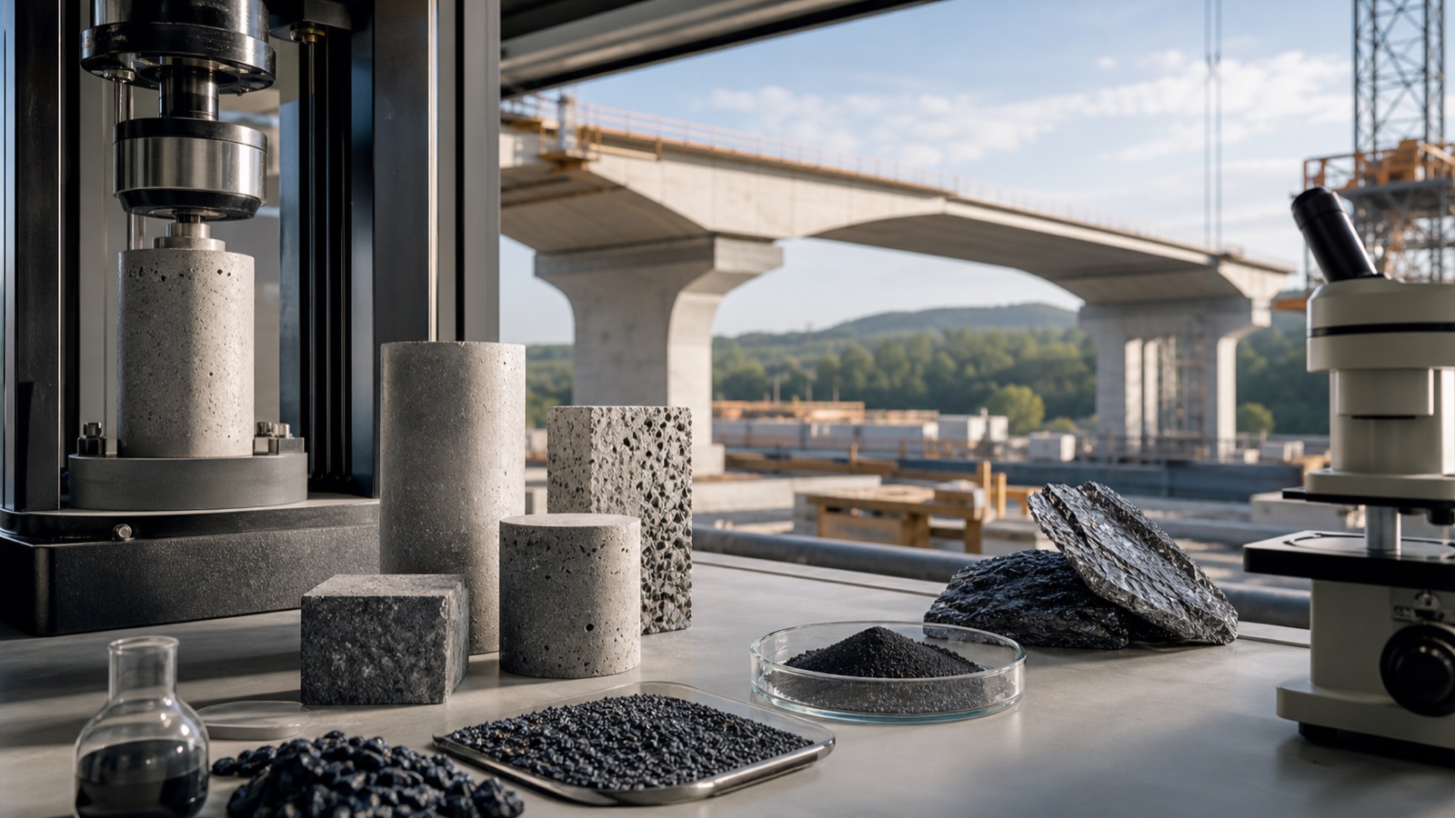 Low-carbon concrete and advanced carbon materials being tested near a bridge