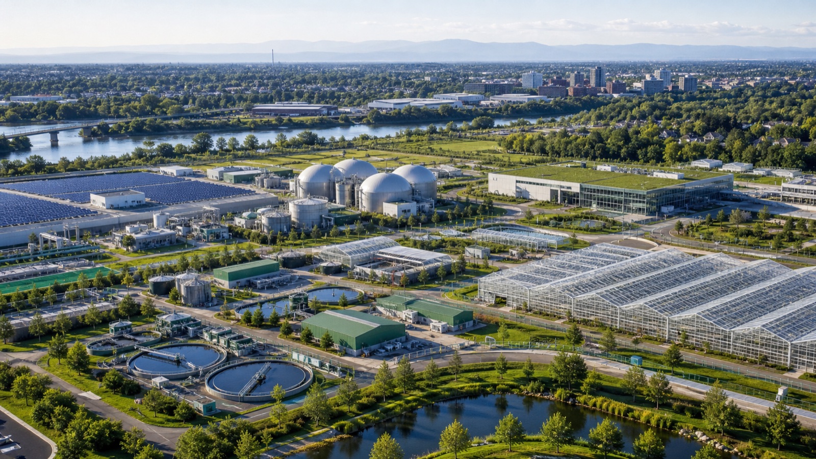 An integrated circular campus with clean energy, water treatment, and greenhouses
