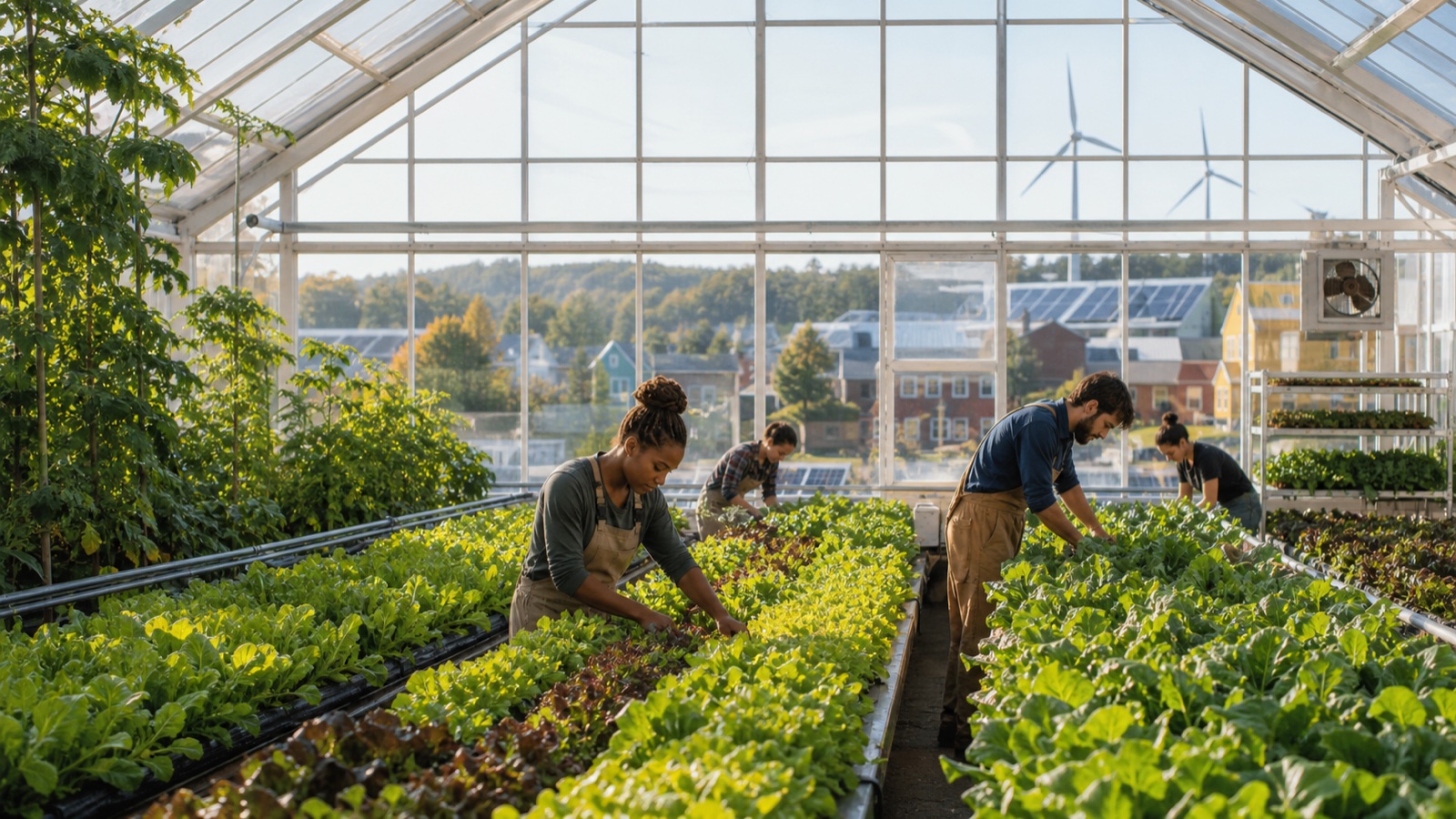 Growers harvesting fresh produce in a clean-energy greenhouse