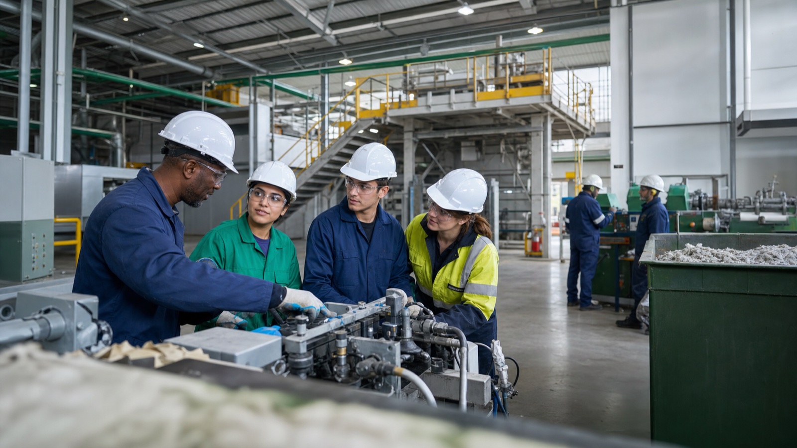 A diverse technical team training inside a clean industrial facility
