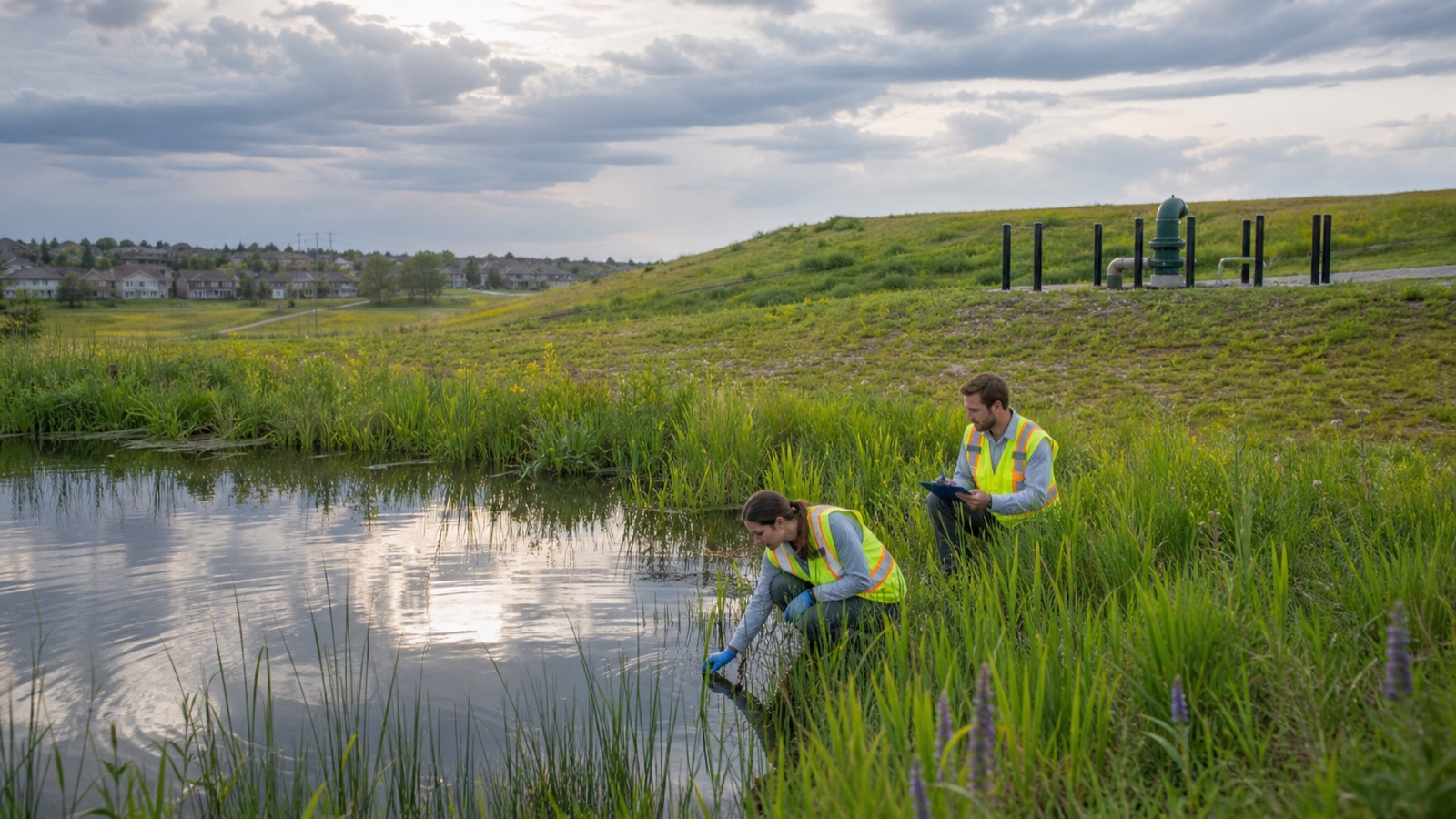 Environmental technicians monitoring water beside a restored landfill landscape